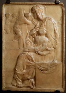 Jungfrau auf der Treppe (Madonna della Scala) Flaches Marmorrelief von Michelangelo Buonarroti von Michelangelo Buonarroti