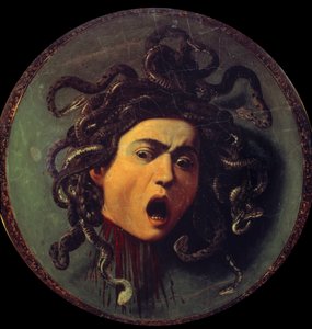 Kopf der Medusa. Gemälde auf der Rückseite eines mit Leinwand bespannten Schildes. Symbol des Sieges der Vernunft über die Sinne, bezugnehmend auf den Mythos von Perseus und Medusa (Gorgone). Gemälde von Michelangelo Merisi, genannt Caravaggio (1571-1610)