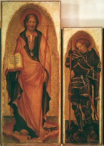 Heiliger Jakobus mit Heiligen, Detail von St. Jakobus und Erzengel Michael, ca. 1450 (Detail) von Michele Giambono