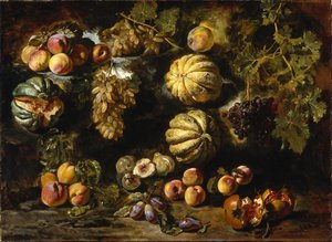 Stillleben mit Melonen, Pfirsichen, Feigen und Trauben