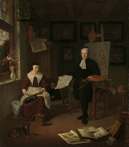 Porträt von Michiel Comans (1614-1687), Kalligraph, Radierer, Maler und Schulmeister, mit seiner dritten Frau Elisabeth van der Mersche von Michiel van Musscher