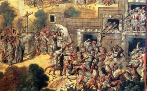 Detail des Versuchs, das Kreuz vor den Götzen niederzureißen und Steinwürfe und Pfeilschüsse gegen Montezuma (1466-1520) 1698