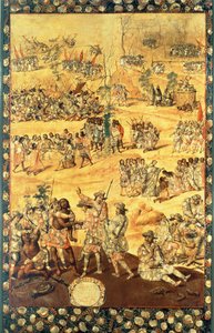 Das Treffen zwischen Hernando Cortes (1485-1547) und Montezuma (1466-1520), Tafel aus der Eroberung Mexikos von Miguel and Juan Gonzalez