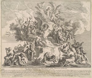 Die erste Maschine für die Chinea von 1739: Der Berg Parnassus mit Apollo, den Musen und Pegasus
