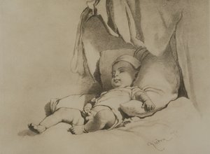 Schlafendes Baby auf Bett von Mihaly von Zichy