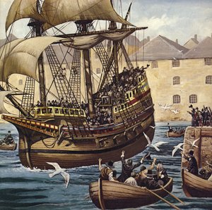 Westwärts Ho! Die Mayflower verlässt Plymouth Ho am 16. September 1620 von Mike (20th century) White