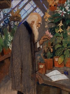 Porträt des Wissenschaftlers Charles Darwin, der Pflanzen im Gewächshaus untersucht von Mikhail Dmitrievich Ezuchevsky