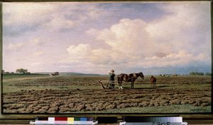 Auf dem Feld. Beschreibung einer Landschaft mit gepflügten Feldern, Bauern und ihren von Pferden gezogenen Pflügen, in der Ferne ein Gespann auf einem Feldweg von Mikhail Konstantinovich Klodt