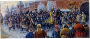 Ankunft von Alexander Newski in Nowgorod nach der Schlacht auf dem Peipussee von Mikhail Vasilievich Nesterov