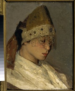 Ein Mädchen mit Kokoshnik. Traditionelle hohe Kopfbedeckung russischer Frauen, hinten mit Bändern verbunden, vorne mit Perlen und Stickereien verziert. Gemälde von Mikhail Vasilyevich Nesterov (1862-1942), Öl auf Holz
