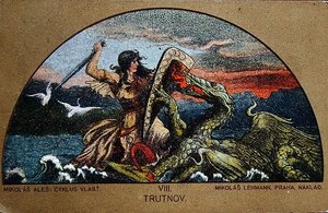 Postkarte, die den Ritter Trut im Kampf gegen den Drachen der Felsen darstellt, ca. 1900