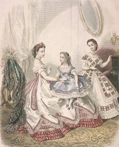 Zwei Frauen und ein kleines Mädchen in den neuesten Innenmoden, ca. 1860 von Millia Lacouriere