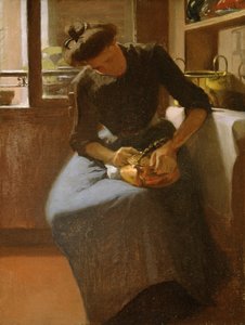 Frau, die einen Kessel poliert, ca. 1912