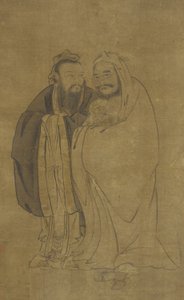Konfuzius und Buddha wiegen einen Qilin von Ming Dynasty Chinese School