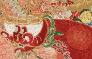 Detail der kaiserlichen bestickten Seiden-Thangka