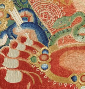 Detail der kaiserlichen bestickten Seiden-Thangka