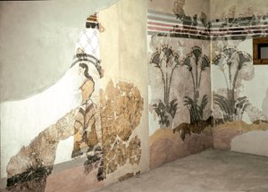 Minoische Kunst: Die Frau mit Lilien. Fresko aus Akrotiri auf Santorini. 16. Jahrhundert v. Chr. Athen, Nationalmuseum von Minoan