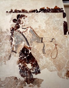 Minoische Zivilisation: Frauen im Gottesdienst. Detail. Fresko aus dem Lustralbecken von Xeste 3 in Akrotiri (Thera), Santorini. Dim. 143x381 cm. 16. Jahrhundert v. Chr. Santorini, Sammlung von Fresken von Akrotiri a Thera von Minoan