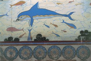 Nahaufnahme eines Wandgemäldes in einem Palast, Palast von Minos, Knossos, Kreta, Griechenland