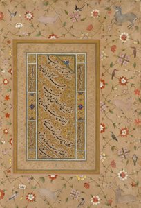 Seite aus dem späten Shah Jahan Album: Persische Kalligraphie eingerahmt von einem ornamentalen Rand aus Blumen und Vögeln