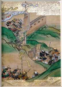 Episode der kaiserlichen Kämpfe in Japan (1308-1368). Miniatur der Tosa-Schule (17. Jahrhundert) mit Goldblättern und Perlmutt von Austern. Privatsammlung