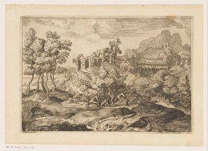 Landschaft mit Hirten und einer Herde bei einer Ruine von Moise Jean Baptiste Fouard