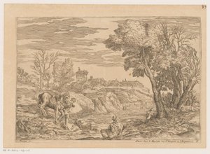 Landschaft mit Mann, der mit Pferd einen Fluss überquert