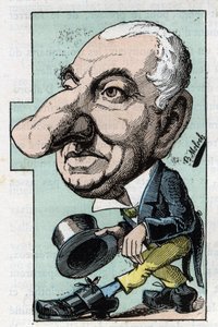 Porträt von Louis Hyacinthe Duflost, genannt Hyacinthe (1814-1887) Komiker und Operettensänger in „Le Trombinoscope“ von Touchatout, Karikatur von B. Moloch von 1882 (1849-1909). Private Sammlung. von Moloch