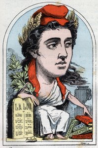Allegorie der Republik (Marianne) in „Le Trombinoscope“ von Touchatout, Karikatur von B. Moloch von 1882 (1849-1909). Private Sammlung