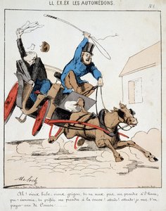 HE. EX. EX. Motoredons: Karikatur des Transports in der Stadt. Ein Kutscher fährt einen Bürger in rasendem Tempo durch die Stadt, weil dieser sich weigert, ihn rechtzeitig zu bezahlen, aber für die Fahrt bezahlen will. Zeichnung von Moloch (1849-1909), um  von Moloch