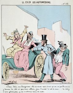 HE. EX. EX. Motoredons: Cartoon des Transports in der Stadt. Ein Kutscher nimmt einen betrunkenen Freund in die Kutsche neben zwei entsetzten Bourgeois-Frauen. Zeichnung von Moloch (1849-1909), um 1860