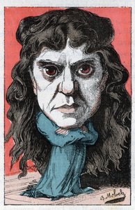 Porträt von Marie Laurent oder Marie Luguet, französische Dramatikerin des 19. Jahrhunderts in „Le Trombinoscope“ von Touchatout, Karikatur von B. Moloch von 1882 (1849-1909). Private Sammlung. von Moloch