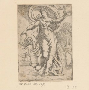 Frau mit Kannen und Krügen von Monogrammist FP (Italië; 16e eeuw)