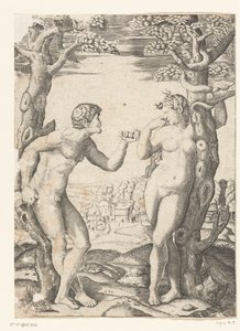 Sündenfall von Adam und Eva beim Baum der Erkenntnis von Gut und Böse mit Schlange