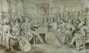 Ein Abend bei Baron Spaun, Schubert am Klavier, Tenor Johann Michael Vogl singt (Tinte, Sepia) von Moritz Ludwig von Schwind