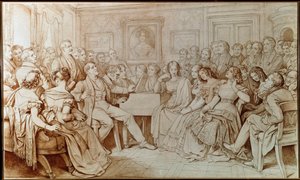 Der Komponist Franz Schubert begleitet den Tenor Johann Michael Vogl bei einem musikalischen Abend bei Baron von Spaun