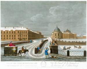 Blick auf den Fontanka-Kanal und die Kasernen, Illustration für November aus Ein Jahr in St. Petersburg, geätzt von John H. Clark, koloriert von M. Dubourg