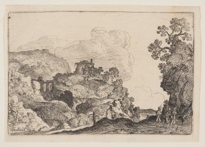Felsige Landschaft mit drei Reisenden von Moses van Uyttenbroeck
