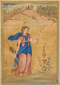 Eine weibliche Figur, die in einer Landschaft steht und ein vierseitiges Khuuchir und eine Lotusblume hält, um 1590