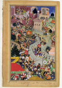 Kaiser Akbar (r.1556-1605) erschießt Saimal bei der Belagerung von Chitov im Jahr 1567, aus dem Akbarnama von Abul Fazi, 1590-98 von Mughal School