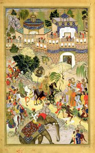 Kaiser Akbars triumphaler Einzug in Surat, aus dem Akbarnama von Abul Fazi (1515-1602), 1590-98 von Mughal School