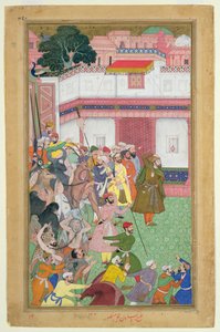 Fatepur Sikiri, 1573: Hasain Quli Khan-l Jahan präsentiert seine Gefangenen Kaiser Akbar (r.1556-1605), aus dem Akbarnama von Abul Fazi, 1590-98 von Mughal School