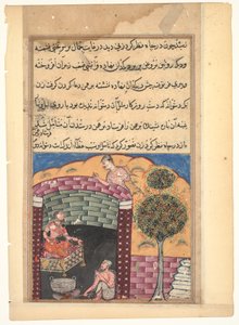 Seite aus den Geschichten eines Papageis (Tuti-nama): Siebte Nacht: Der Brahmane sieht die Tochter des Königs der Dschinns in einer Grube zusammen mit einem alten Mann und einem Kessel mit kochendem Öl, ca. 1560