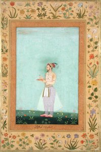 Prinz Dara Shikuh hält ein Tablett mit Juwelen, aus dem Minto-Album von Mughal School