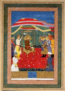Der Mogulkaiser Babur (1526-30) sitzt auf einem Thron und empfängt einen Prinzen, Johnson Album I, Nr.3 nummeriert 65 von Mughal School