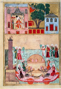 Glasbläser-Show auf dem Hippodrom von Konstantinopel. Seite aus dem „Surname-i Humayun“ (Buch der Festlichkeiten) illustriert von Osman. ca. 1582 (Istanbul) Istanbul, Topkapi Sarayi von Mughal School Osman