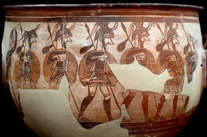 Mykenische Zivilisation: Krater genannt die Krieger. Aus dem Kreis der Gräber A in Mykene. 12. Jahrhundert v. Chr. Athen, Nationales Archäologisches Museum - Kunst der mykenischen Zivilisation: Krater genannt Kriegerkrater. Aus dem Grabkreis A in Mykene. 1 von Mycenaean Mycenaean