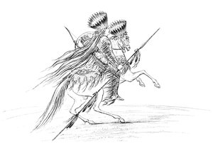 Indianischer Mann mit Waffen und Kopfschmuck, reitet ein Pferd, 1841
