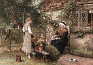 Jugend und Alter. Chromolithographie nach einem Gemälde von Myles Birkett Foster (1825-1899), englischer Künstler, veröffentlicht in London 1866. Großmutter mit Spitzenhaube sitzt im Cottage-Garten mit zwei Enkeln. Das Mädchen benutzt eine Gießkanne, um ei von Myles Birket Foster