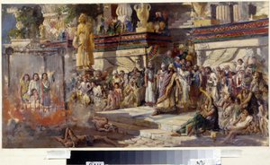 Die drei jungen Juden im Feuerofen. Nebukadnezar II., König von Babylon zwischen 605 und 562 v. Chr., lässt die drei Juden, die sich weigerten, vor seiner goldenen Statue niederzuknien, ins Feuer werfen. von N. T. Malyshev
